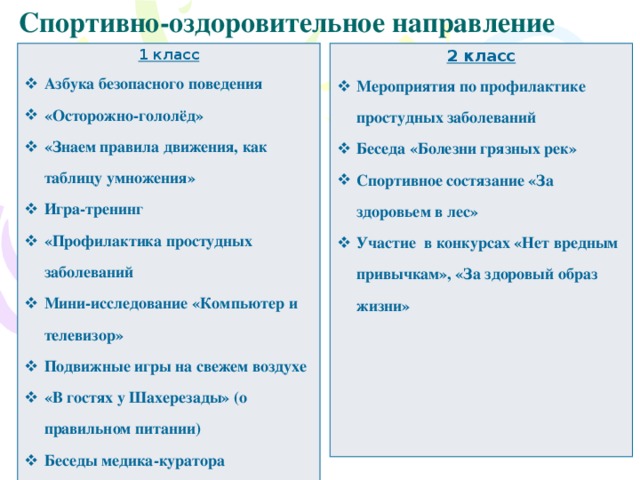 Спортивно-оздоровительное направление 1 класс 2 класс Азбука безопасного поведения «Осторожно-гололёд» «Знаем правила движения, как таблицу умножения» Игра-тренинг «Профилактика простудных заболеваний Мини-исследование «Компьютер и телевизор» Подвижные игры на свежем воздухе «В гостях у Шахерезады» (о правильном питании) Беседы медика-куратора Мероприятия по профилактике простудных заболеваний Беседа «Болезни грязных рек» Спортивное состязание «За здоровьем в лес» Участие в конкурсах «Нет вредным привычкам», «За здоровый образ жизни»