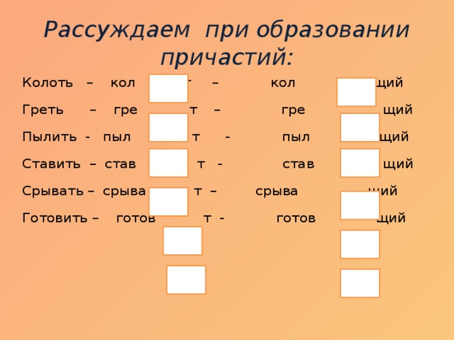 Рассуждаем при образовании причастий: Колоть – кол т – кол щий Греть – гре т – гре щий Пылить - пыл т - пыл щий Ставить – став т - став щий Срывать – срыва т – срыва щий Готовить – готов т - готов щий