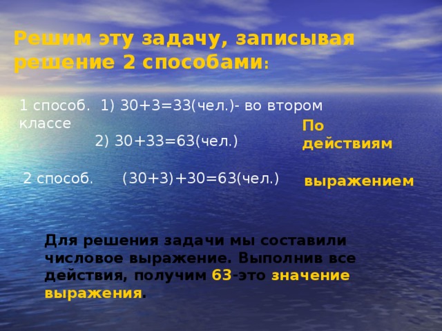 Решим эту задачу, записывая решение 2 способами : 1 способ. 1) 30+3=33(чел.)- во втором классе  2) 30+33=63(чел.) По действиям 2 способ. (30+3)+30=63(чел.) выражением Для решения задачи мы составили числовое выражение. Выполнив все действия, получим 63 -это значение выражения .