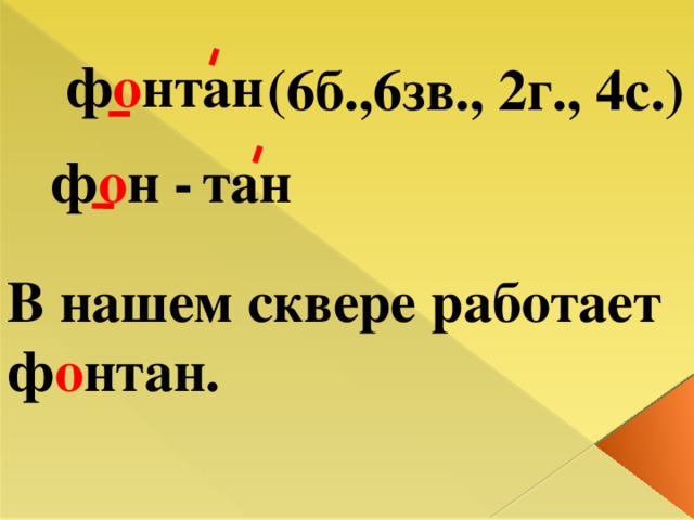 ф о нтан (6б.,6зв., 2г., 4с.) тан ф о н - В нашем сквере работает ф о нтан.