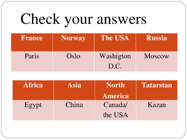 Check your answers France Norway Paris Oslo The USA Russia Washigton D.C. Moscow Africa Asia Egypt North America China Tatarstan Canada/ the USA Kazan
