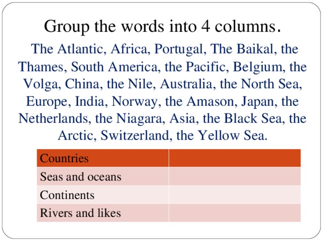 Group the words into 4 columns .   The Atlantic, Africa, Portugal, The Baikal, the Thames, South America, the Pacific, Belgium, the Volga, China, the Nile, Australia, the North Sea, Europe, India, Norway, the Amason, Japan, the Netherlands, the Niagara, Asia, the Black Sea, the Arctic, Switzerland, the Yellow Sea. Countries Seas and oceans Continents Rivers and likes