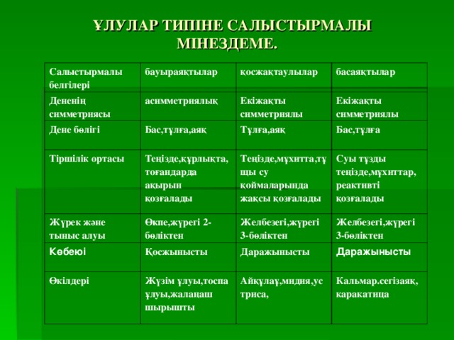 ҰЛУЛАР ТИПІНЕ САЛЫСТЫРМАЛЫ МІНЕЗДЕМЕ. Салыстырмалы белгілері бауыраяқтылар Дененің симметриясы қосжақтаулылар асимметриялық Дене бөлігі Тіршілік ортасы басаяқтылар Екіжақты симметриялы Бас,тұлға,аяқ Жүрек және тыныс алуы Теңізде,құрлықта,тоғандарда ақырын қозғалады Тұлға,аяқ Екіжақты симметриялы Бас,тұлға Теңізде,мұхитта,тұщы су қоймаларында жақсы қозғалады Өкпе,жүрегі 2-бөліктен Көбеюі Суы тұзды теңізде,мұхиттар, реактивті қозғалады Желбезегі,жүрегі 3-бөліктен Қосжынысты Өкілдері Желбезегі,жүрегі 3-бөліктен Даражынысты Жүзім ұлуы,тоспа ұлуы,жалаңаш шырышты Даражынысты Айқұлаұ,мидия,устриса, Кальмар.сегізаяқ,каракатица