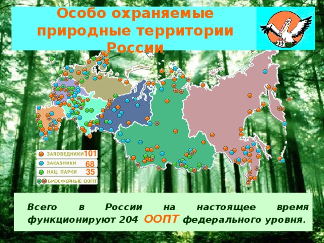Особо охраняемые природные территории России    101  68  35   Всего в России на настоящее время функционируют 204  ООПТ федерального уровня .