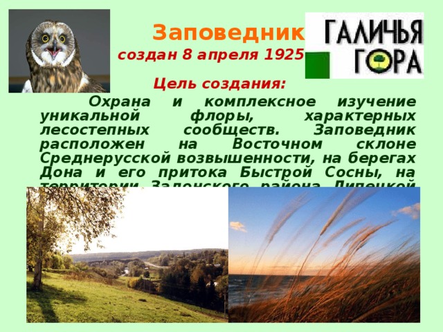 Заповедник  создан 8 апреля 1925 года   Цель создания:    Охрана и комплексное изучение уникальной флоры, характерных лесостепных сообществ. Заповедник расположен на Восточном склоне Среднерусской возвышенности, на берегах Дона и его притока Быстрой Сосны, на территории Задонского района Липецкой области.