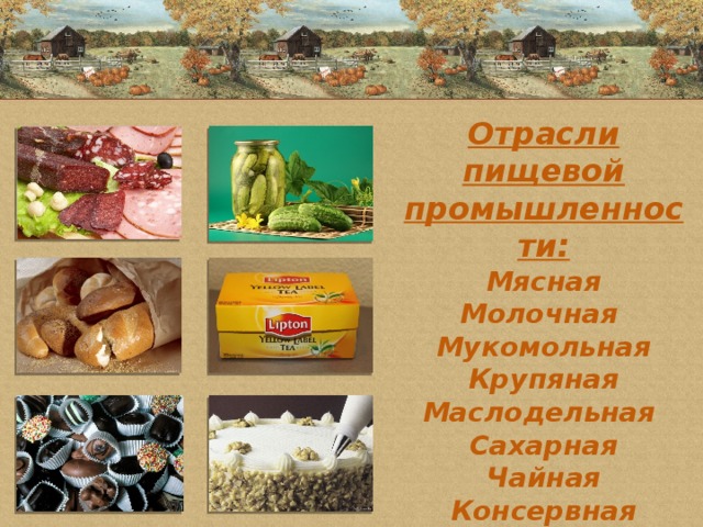 Отрасли пищевой промышленности: Мясная Молочная Мукомольная Крупяная Маслодельная Сахарная Чайная Консервная Рыбная Кондитерская