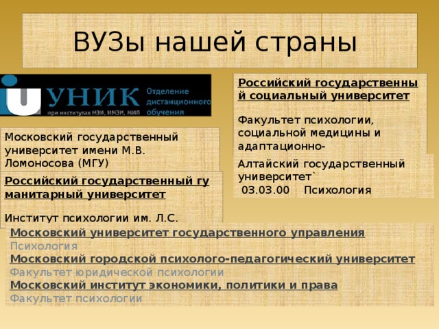 ВУЗы нашей страны Российский государственный социальный университет   Факультет психологии, социальной медицины и адаптационно-реабилитационных технологий Московский государственный университет имени М.В. Ломоносова (МГУ) Алтайский государственный университет`  03.03.00  Психология Российский государственный гуманитарный университет   Институт психологии им. Л.С. Выготского Московский университет государственного управления   Психология Московский городской психолого-педагогический университет   Факультет юридической психологии Московский институт экономики, политики и права   Факультет психологии