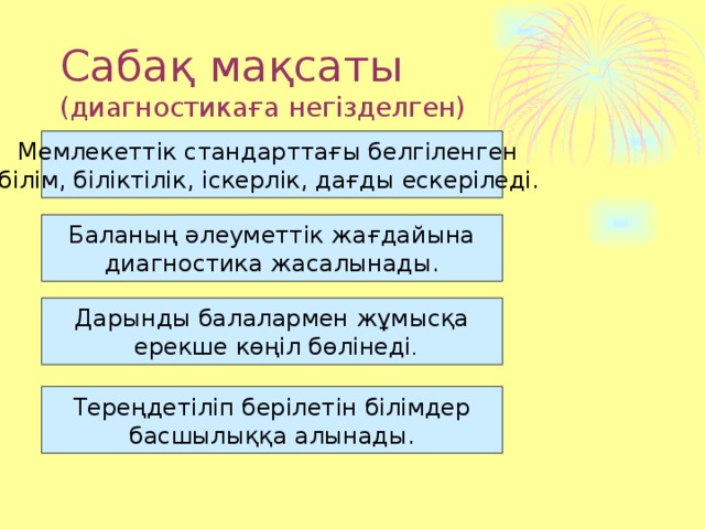 Сабақ мақсаты  (диагностикаға негізделген) Мемлекеттік стандарттағы белгіленген білім, біліктілік, іскерлік, дағды ескеріледі.  Баланың әлеуметтік жағдайына диагностика жасалынады. Дарынды балалармен жұмысқа  ерекше көңіл бөлінеді . Тереңдетіліп берілетін білімдер басшылыққа алынады.