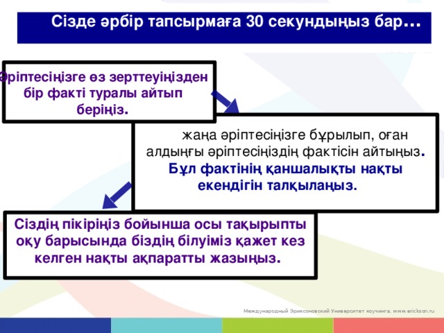 Сізде әрбір тапсырмаға 30 секундыңыз бар ... Әріптесіңізге өз зерттеуіңізден бір факті туралы айтып беріңіз .  жаңа әріптесіңізге бұрылып, оған алдыңғы әріптесіңіздің фактісін айтыңыз . Бұл фактінің қаншалықты нақты екендігін талқылаңыз.   Сіздің пікіріңіз бойынша осы тақырыпты оқу барысында біздің білуіміз қажет кез келген нақты ақпаратты жазыңыз . 27