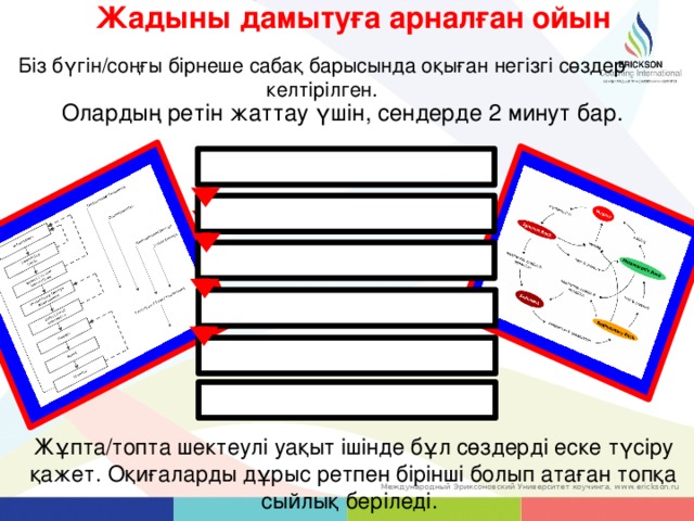 Жадыны дамытуға арналған ойын Біз бүгін/соңғы бірнеше сабақ барысында оқыған негізгі сөздер келтірілген. Олардың ретін жаттау үшін, сендерде 2 минут бар. Жұпта/топта шектеулі уақыт ішінде бұл сөздерді еске түсіру қажет. Оқиғаларды дұрыс ретпен бірінші болып атаған топқа сыйлық беріледі.  37