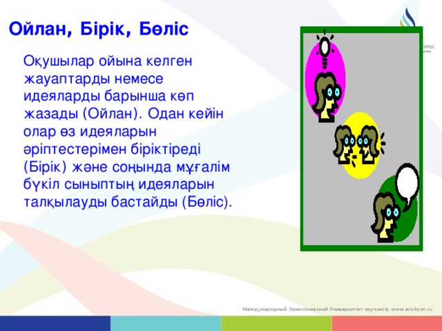 Ойлан , Бірік , Бөліс Оқушылар ойына келген жауаптарды немесе идеяларды барынша көп жазады ( Ойлан ). Одан кейін олар өз идеяларын әріптестерімен біріктіреді ( Бірік ) және соңында  мұғалім бүкіл сыныптың идеяларын талқылауды бастайды (Бөліс). 37