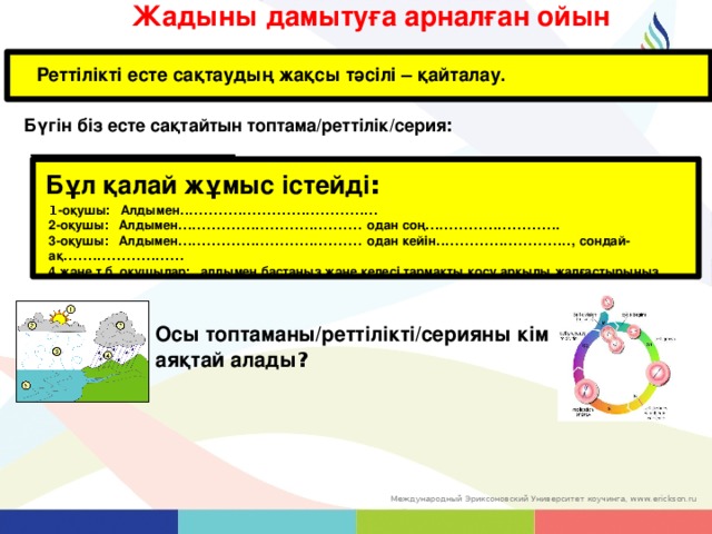 Жадыны дамытуға арналған ойын Реттілікті есте сақтаудың жақсы тәсілі – қайталау. Бүгін біз есте сақтайтын топтама/реттілік/серия :  _______________________ Бұл қалай жұмыс істейді : 1 -оқушы : Алдымен ......................................... 2-оқушы : Алдымен ...................................... одан соң ............................ 3-оқушы : Алдымен ...................................... одан кейін ............................ , сондай-ақ ......................... 4 және т.б. оқушылар : алдымен бастаңыз және келесі тармақты қосу арқылы жалғастырыңыз . Осы топтаманы/реттілікті/серияны кім аяқтай алады ? 63