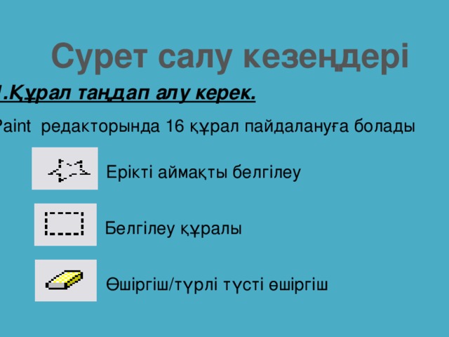 Сурет салу кезеңдері 1.Құрал таңдап алу керек.  Paint редакторында 16 құрал пайдалануға болады Ерікті аймақты белгілеу Белгілеу құралы Өшіргіш/түрлі түсті өшіргіш