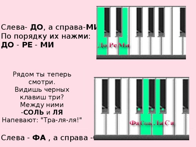 Слева-  ДО , а справа- МИ  По порядку их нажми: ДО  -  РЕ  -  МИ Рядом ты теперь смотри.  Видишь черных клавиш три?  Между ними - СОЛЬ  и  ЛЯ  Напевают: 