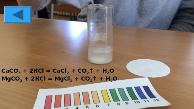 CaCO 3 + 2 HCl = CaCl 2 + CO 2 ↑ + H 2 O MgCO 3 + 2HCl = MgCl 2 + CO 2 ↑ + H 2 O