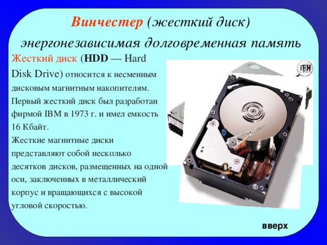 Винчестер (жесткий диск) энергонезависимая долговременная память  Жесткий диск ( HDD — Hard Disk Drive) относится к несменным дисковым магнитным накопителям. Первый жесткий диск был разработан фирмой IBM в 1973 г. и имел емкость 16 Кбайт. Жесткие магнитные диски представляют собой несколько десятков дисков, размещенных на одной оси, заключенных в металлический корпус и вращающихся с высокой угловой скоростью.  вверх