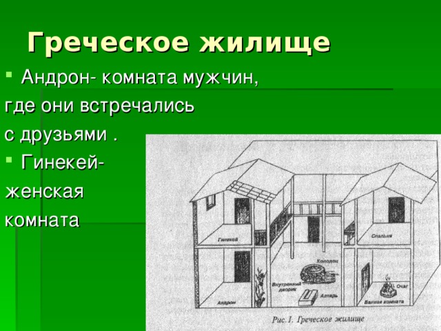 Греческое жилище Андрон- комната мужчин, где они встречались с друзьями . Гинекей- женская комната