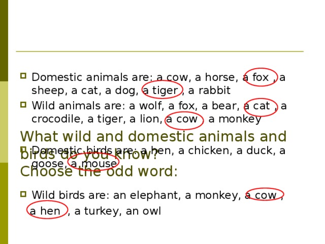 What wild and domestic animals and birds do you know?  Choose the odd word: Domestic animals are: a cow, a horse, a fox  , a sheep, a cat, a dog, a tiger  , a rabbit Wild animals are: a wolf, a fox, a bear, a cat  , a crocodile, a tiger, a lion, a cow  , a monkey  Domestic birds are: a hen, a chicken, a duck, a goose, a mouse   Wild birds are: an elephant, a monkey, a cow  ,   a hen  , a turkey, an owl