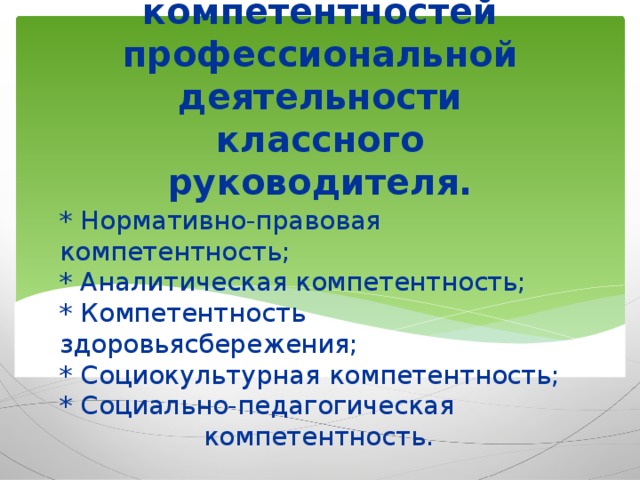 Виды компетентностей профессиональной деятельности классного руководителя.  * Нормативно-правовая компетентность;  * Аналитическая компетентность;  * Компетентность здоровьясбережения;  * Социокультурная компетентность;  * Социально-педагогическая    компетентность.