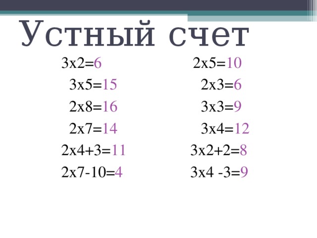 Устный счет 3х2= 6 2х5= 10   3х5= 15 2х3= 6  2х8= 16 3х3= 9  2х7= 14 3х4= 12 2х4+3= 11 3х2+2= 8 2х7-10= 4 3х4 -3= 9