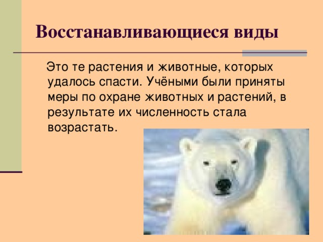 Восстанавливающиеся виды  Это те растения и животные, которых удалось спасти. Учёными были приняты меры по охране животных и растений, в результате их численность стала возрастать.