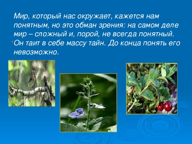 Мир, который нас окружает, кажется нам понятным, но это обман зрения: на самом деле мир – сложный и, порой, не всегда понятный. Он таит в себе массу тайн. До конца понять его невозможно.  .