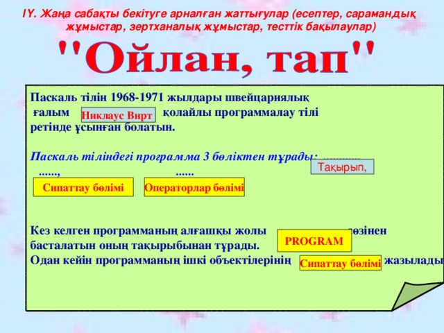 ІҮ. Жаңа сабақты бекітуге арналған жаттығулар (есептер, сарамандық жұмыстар, зертханалық жұмыстар, тесттік бақылаулар) Паскаль тілін 1968-1971 жылдары швейцариялық  ғалым .... ... қолайлы программалау тілі ретінде ұсынған болатын.  Паскаль тіліндегі программа 3 бөліктен тұрады: ...........,  ......, ......    Кез келген программаның алғашқы жолы ............ сөзінен басталатын оның тақырыбынан тұрады. Одан кейін программаның ішкі объектілерінің ........... жазылады   Никлаус Вирт  Тақырып, Сипаттау бөлімі Операторлар бөлімі PROGRAM Сипаттау бөлімі