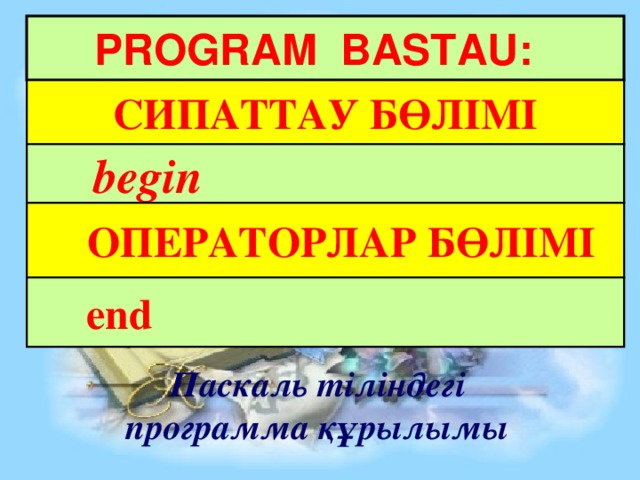 PROGRAM BASTAU:  СИПАТТАУ БӨЛІМІ  begin  ОПЕРАТОРЛАР БӨЛІМІ  end Паскаль тіліндегі программа құрылымы