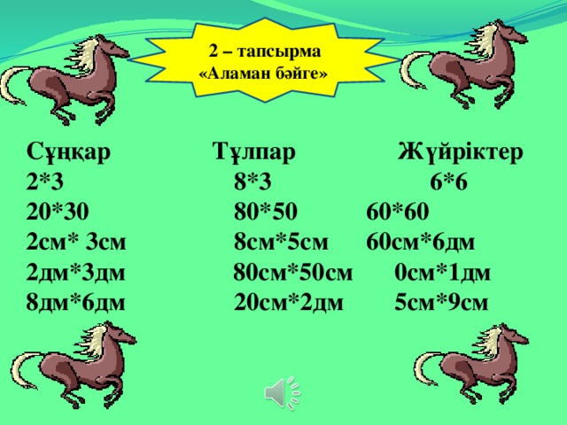 2 – тапсырма «Аламан бәйге»    Сұңқар Тұлпар Жүйріктер  2*3 8*3 6*6 20*30 80*50    60*60 2см* 3см 8см*5см   60см*6дм 2дм*3дм 80см*50см   0см*1дм 8дм*6дм  20см*2дм   5см*9см