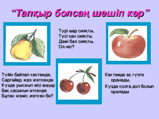 “ Тапқыр болсаң шешіп көр” Түрі шар сияқты, Түсі қан сияқты. Дәмі бал сияқты, Ол не/? Түйін байлап көктемде, Сарғайар жаз жеткенде Күзде уылжып иісі аңқыр Бақ қасынын өткенде Бұған жеміс жеткен бе? Көктемде ақ гүлге оранады, Күзде қолға доп болып оралады