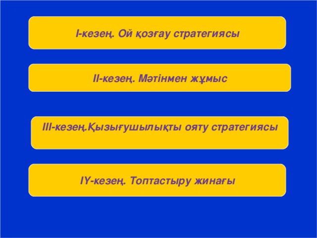 I -кезең. Ой қозғау стратегиясы II- кезең. Мәтінмен жұмыс III -кезең.Қызығушылықты ояту стратегиясы  IY- кезең. Топтастыру жинағы