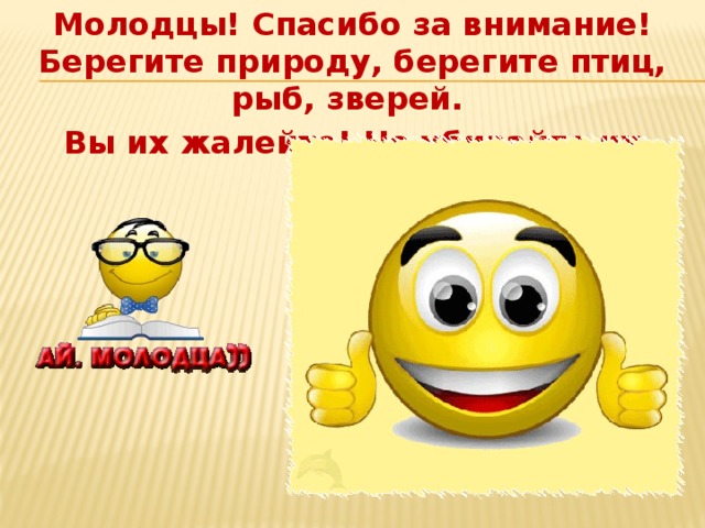 Молодцы! Спасибо за внимание! Берегите природу, берегите птиц, рыб, зверей. Вы их жалейте! Не убивайте их зря!