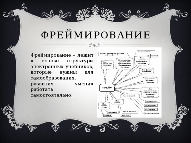 Фреймирование Фреймирование – лежит в основе структуры электронных учебников, которые нужны для самообразования, развития умения работать самостоятельно.