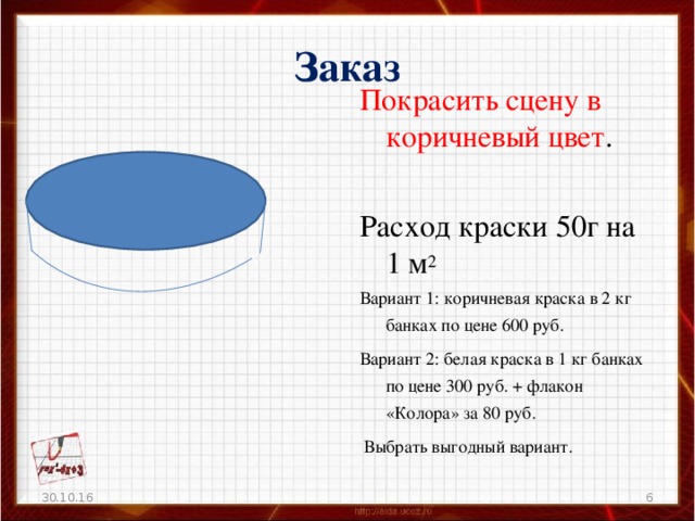 Заказ Покрасить сцену в коричневый цвет . Расход краски 50г на 1 м 2 Вариант 1: коричневая краска в 2 кг банках по цене 600 руб. Вариант 2: белая краска в 1 кг банках по цене 300 руб. + флакон «Колора» за 80 руб.  Выбрать выгодный вариант. 30.10.16