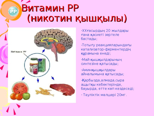 Витамин РР (никотин қышқылы) ХХғасырдың 20 жылдары ғана қасиеті зертеле бастады; Тотығу реакцияларындағы катализатор-ферментердің құрамына енеді; Май қышқылдарының синтезіне қатысады; Аминқышқылдары айналымына қатысады; Қарбызда,алмада,сыра ащытқы кебектерінде, бауырда, етте көп кездеседі;  Тәуліктік мөлшері 20мг. 25