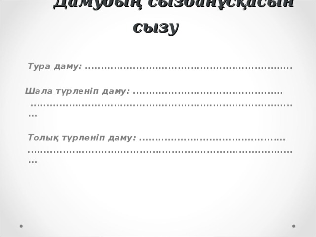 Дамудың сызбанұсқасын сызу  Тура даму: .................................................................   Шала түрленіп даму: ...............................................  .....................................................................................   Толық түрленіп даму: ..............................................  ......................................................................................