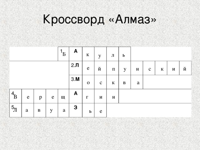 Кроссворд «Алмаз» 4. 1. 5. А 2. Л 3. М А З к Б л ь у е й п у н с к и й о с к в а г и н В е р е щ Л а в у а ь е