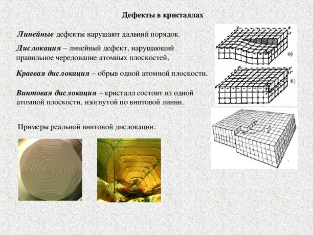 Дефекты в кристаллах Линейные дефекты нарушают дальний порядок. Дислокация – линейный дефект, нарушающий правильное чередование атомных плоскостей. Краевая дислокация – обрыв одной атомной плоскости. Винтовая дислокация – кристалл состоит из одной атомной плоскости, изогнутой по винтовой линии. Примеры реальной винтовой дислокации.