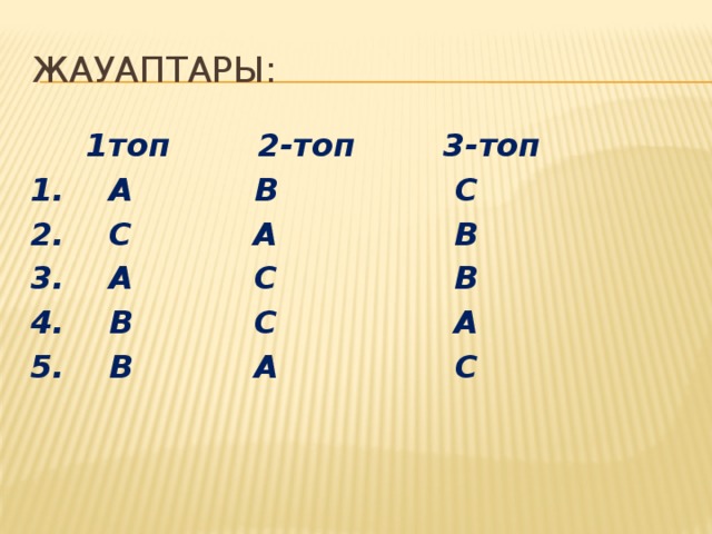 Жауаптары:  1топ 2-топ 3-топ 1. А В С 2. С А В 3. А С В 4. В С А 5. В А С