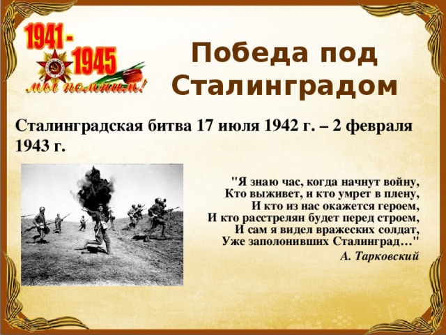 Победа под Сталинградом  Сталинградская битва 17 июля 1942 г. – 2 февраля 1943 г. 