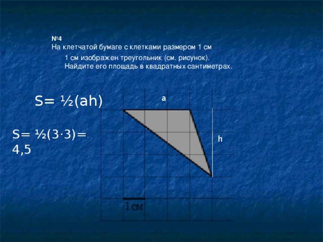 № 4 На клетчатой бумаге с клетками размером 1 см 1 см изображен треугольник (см. рисунок). Найдите его площадь в квадратных сантиметрах. S= ½(ah) a S= ½(3 · 3)= 4,5 h