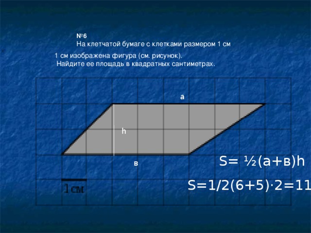 № 6 На клетчатой бумаге с клетками размером 1 см 1 см изображена фигура (см. рисунок).  Найдите ее площадь в квадратных сантиметрах. a h S= ½(a+в)h в S=1/2(6+5) ·2=11