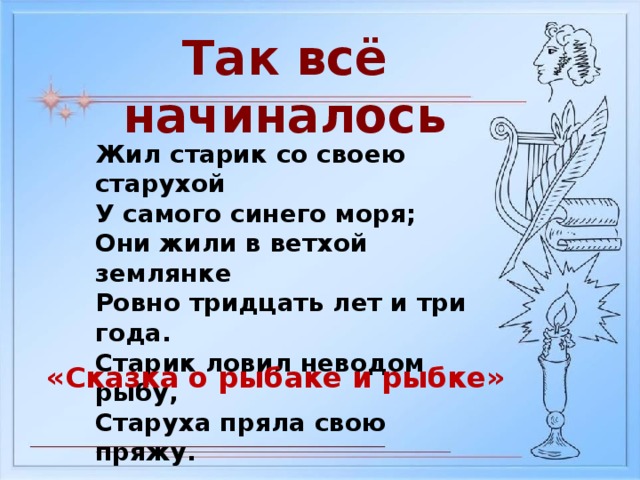 Так всё начиналось Жил старик со своею старухой У самого синего моря; Они жили в ветхой землянке Ровно тридцать лет и три года. Старик ловил неводом рыбу, Старуха пряла свою пряжу. «Сказка о рыбаке и рыбке»