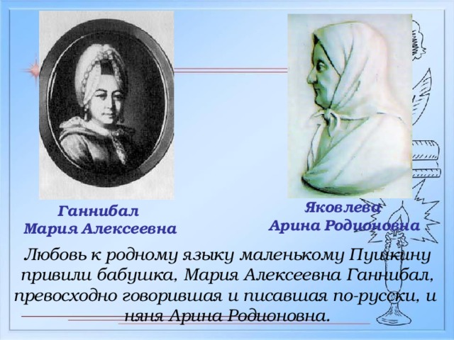 Яковлева  Арина  Родионовна Ганнибал  Мария  Алексеевна Любовь к родному языку маленькому Пушкину привили бабушка, Мария Алексеевна Ганнибал, превосходно говорившая и писавшая по-русски, и няня Арина Родионовна.