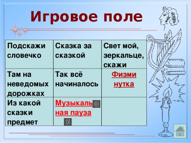 Игровое поле Подскажи словечко Сказка за сказкой Там на неведомых дорожках Свет мой, зеркальце, скажи Так всё начиналось Из какой сказки предмет Музыкаль Физми ная пауза нутка