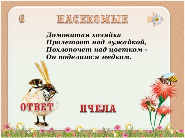 Домовитая хозяйка  Пролетает над лужайкой,  Похлопочет над цветком -  Он поделится медком.