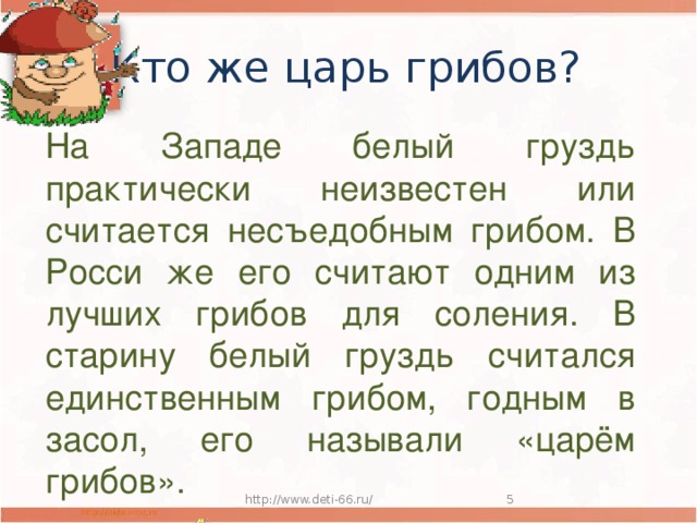 Кто же царь грибов? На Западе белый груздь практически неизвестен или считается несъедобным грибом. В Росси же его считают одним из лучших грибов для соления. В старину белый груздь считался единственным грибом, годным в засол, его называли «царём грибов». http://www.deti-66.ru/