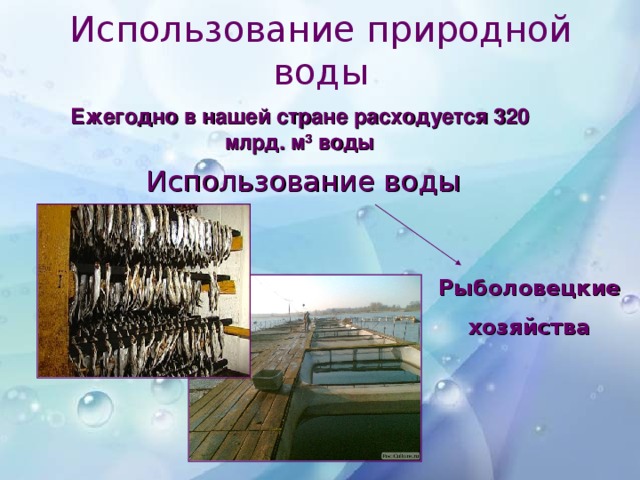 Использование природной воды Ежегодно в нашей стране расходуется 320 млрд. м 3 воды Использование воды Рыболовецкие хозяйства