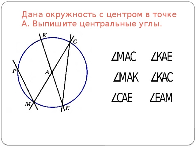 Дана окружность с центром в точке А. Выпишите центральные углы.