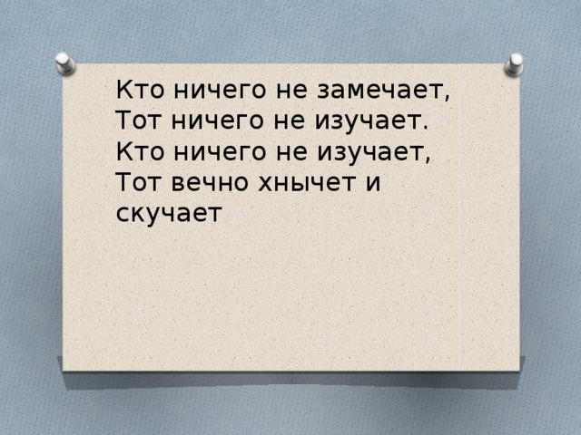 Кто ничего не замечает,  Тот ничего не изучает.  Кто ничего не изучает,  Тот вечно хнычет и скучает